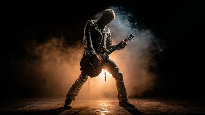 A dramatic, silhouetted photo of a guitarist playing an electric guitar on a dark stage, illuminated by warm orange backlighting and surrounded by smoke.