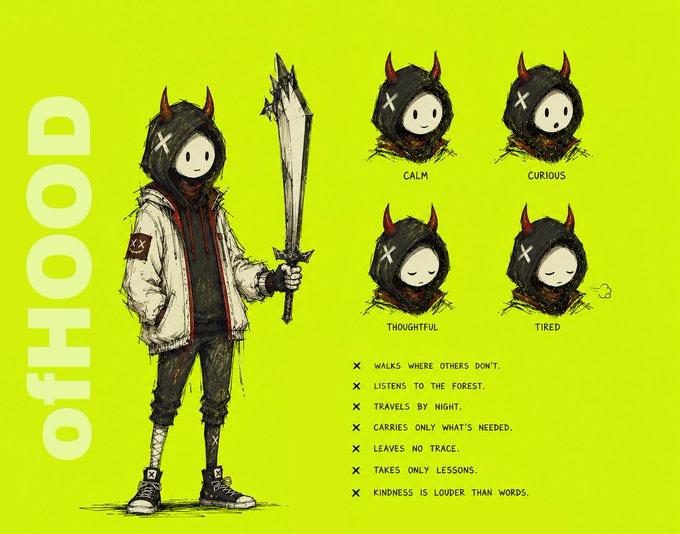 A character concept sheet titled "OFHOOD" features a horned, masked figure wielding a sword alongside four emotional expressions (Calm, Curious, Thoughtful, Tired) and principles like "Walks where others don't" and "Kindness is louder than words." The artwork appears to be NFT-related, likely tied to one of the NFT collections mentioned in the post.