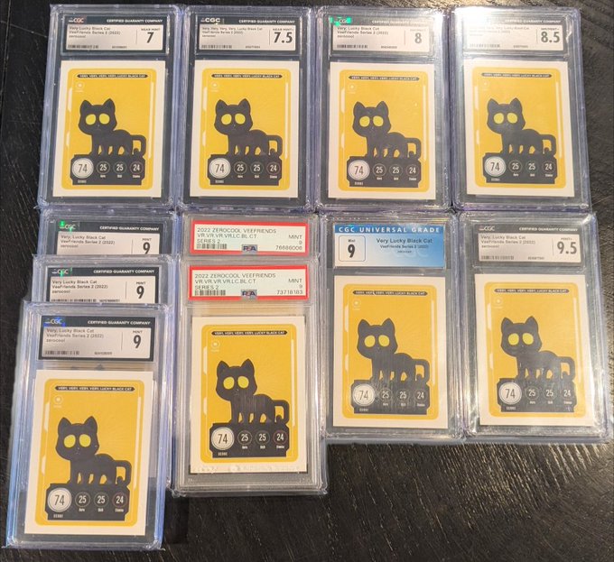 Collection of nine CGC-graded Very Lucky Black Cat Pokémon cards with grades ranging from 7 to 9.5, plus two Zereock Weeknods MINT 9 graded cards.