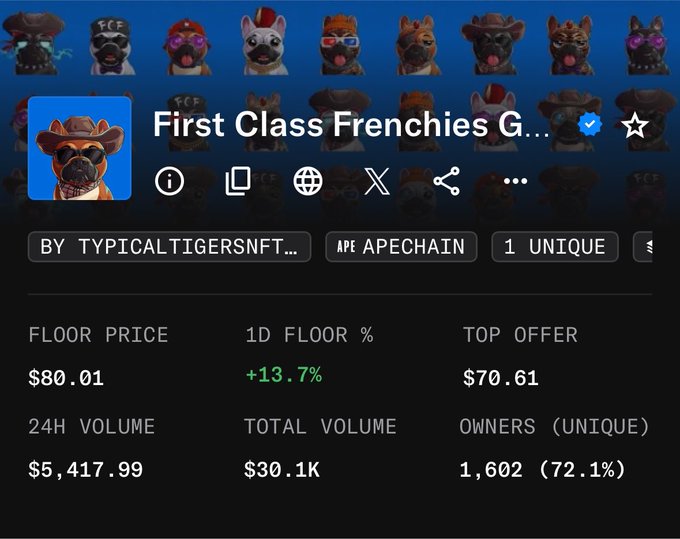 An NFT collection page on a marketplace titled 'First Class Frenchies G...' by TYPICALTIGERSNFT on ApeChain, showing a floor price of $80.01, 24H volume of $5,417.99, and 1,602 unique owners.