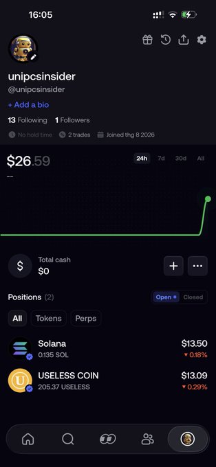 A Robinhood social trading profile screenshot for 'unipcsinsider' showing a portfolio value of $26.59 with positions in Solana ($13.50) and USELESS COIN ($13.09).