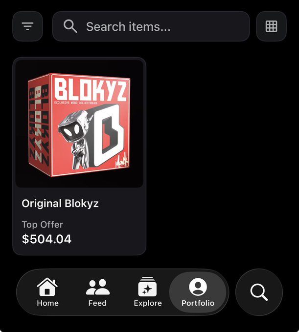 An NFT marketplace app screen showing the 'Original Blokyz' Web3 collection with a top offer of $504.04.