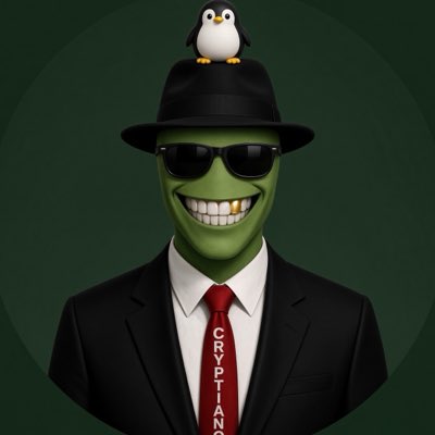 A 3D illustration of a Pepe the Frog character wearing a black suit, red tie reading 'CRYPTIAN', sunglasses, and a black fedora hat with a small penguin perched on top.