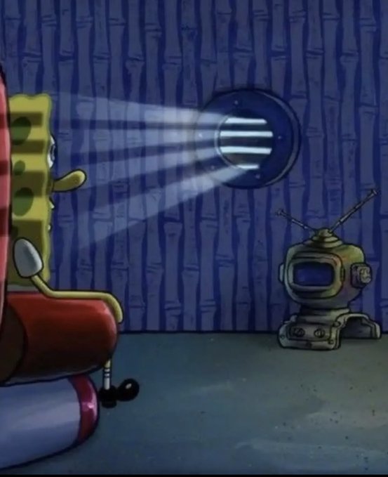 A scene from the animated show SpongeBob SquarePants showing SpongeBob on the left watching a small robot projecting an image onto a round screen against a blue patterned wall.