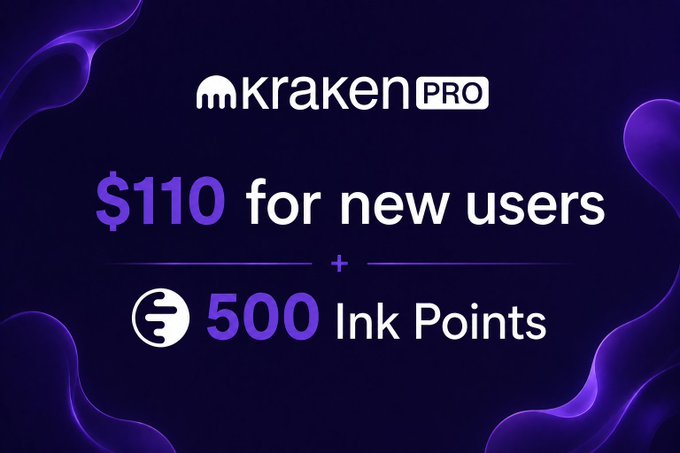 The image is promoting a new rewards program called "Kraken Pro" offering users the chance to earn $110 in Bitcoin (BTC) tokens through the program, along with 500 ink points. The text indicates that users should be onboarded soon for this exclusive reward system. The key details of the rewards program are prominently displayed on the image, encouraging viewers to participate and benefit from these exciting opportunities.