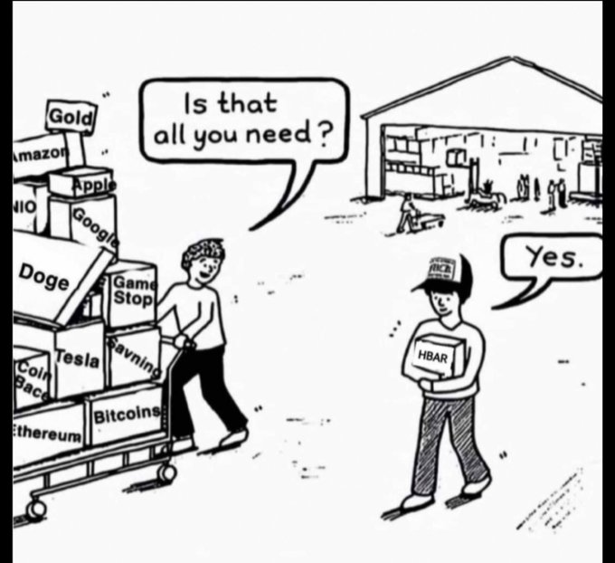 A black and white cartoon showing a person pushing a cart loaded with boxes labeled Gold, Amazon, Apple, Google, Doge, GameStop, Tesla, Coinbase, Rayvning, Ethereum, and Bitcoins, asking 'Is that all you need?' while another person holding a box labeled 'HBAR' simply replies 'Yes.'