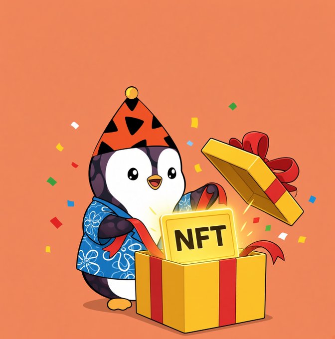 A cartoon penguin wearing a party hat and blue floral shirt opening a yellow gift box containing a gold bar labeled 'NFT' with confetti flying around.