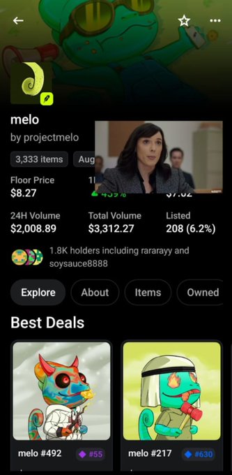 This image shows the "melo" NFT collection on a platform, with the floor price at $8.27 and a total volume of $3,312.27, relating to the post's mention of price growth and potential for further increases.