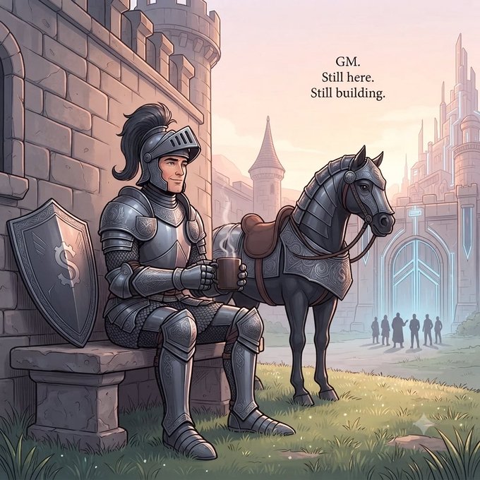 An illustration depicts a knight in armor sitting on a bench holding a steaming mug, with a shield bearing a '$' symbol beside him and an armored horse nearby. The text reads 'GM. Still here. Still building.'