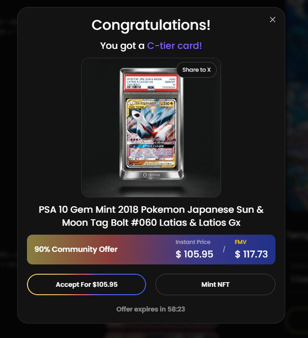 Congratulations screen showing a PSA 10 Gem Mint 2018 Pokemon Japanese Sun & Moon Tag Bolt #060 Latias & Latios Gx card with a 90% Community Offer of $105.95.