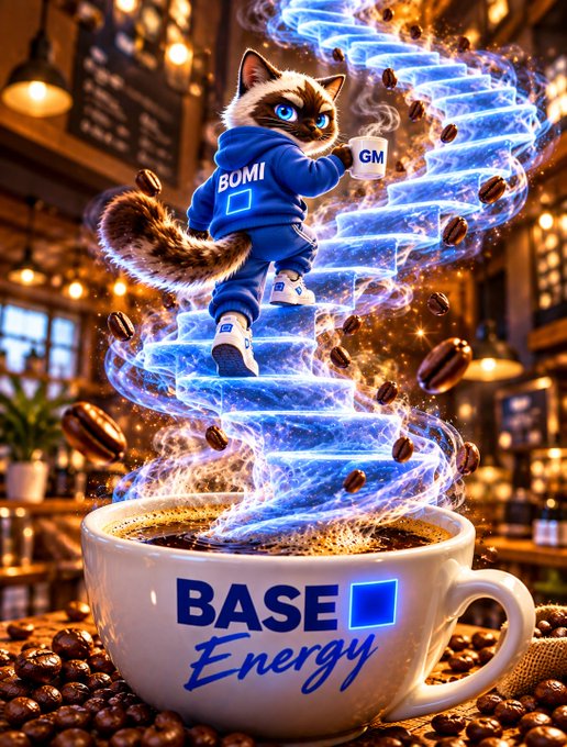 A fantasy-style advertisement showing a cat in a blue 'BOMI' hoodie and 'GM' speech bubble ascending a glowing spiral staircase rising out of a coffee mug labeled 'BASE Energy', with coffee beans swirling around.