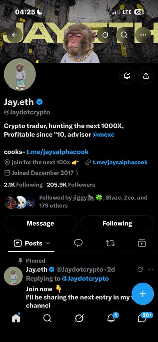 A Twitter/X profile screenshot for "Jay.eth" (@Jaydotcrypto) featuring a monkey with a gold chain as the banner, describing himself as a "Crypto trader, hunting the next 1000X, Profitable since '10, advisor @mexc" with 205.9K followers.