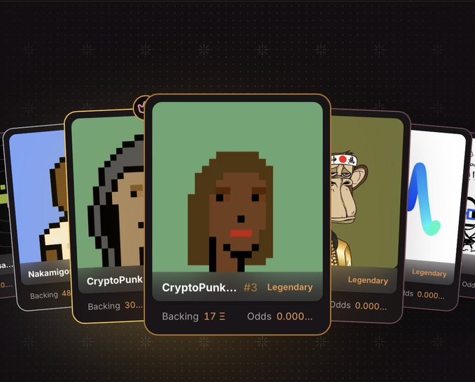 A digital interface displaying a collection of NFT cards, with a central 'CryptoPunk... #3 Legendary' card and other partially visible cards.