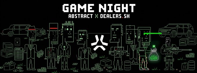 Pixel art promotional banner for 'Game Night' by Abstract x Dealers SH featuring various character sprites, vehicles, and weapons in green on black.