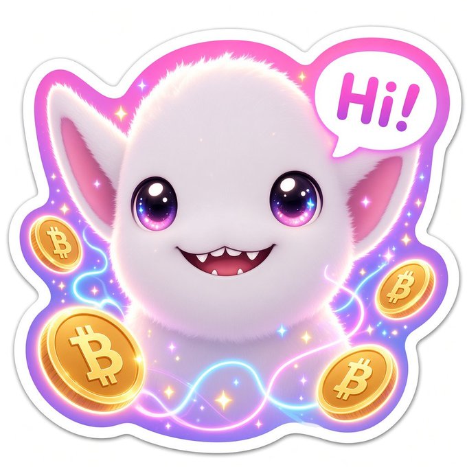 A cute cartoon white creature with large pink eyes and a speech bubble saying 'Hi!', surrounded by floating gold Bitcoin coins on a glowing pink and purple background.
