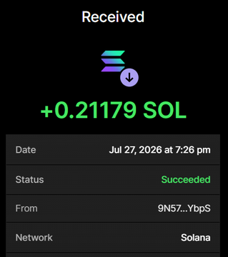 A screenshot of a successful Solana wallet transaction showing a receipt of "+0.21179 SOL" received on July 27, 2026, from address "9N57...YbpS" on the Solana network, confirming the 0.211 SOL payment referenced in the $NOBULL presale purchase post.