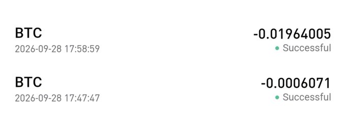 A trading interface shows two successful BTC transactions dated 2026-09-28, with values of -0.01964005 and -0.0006071.