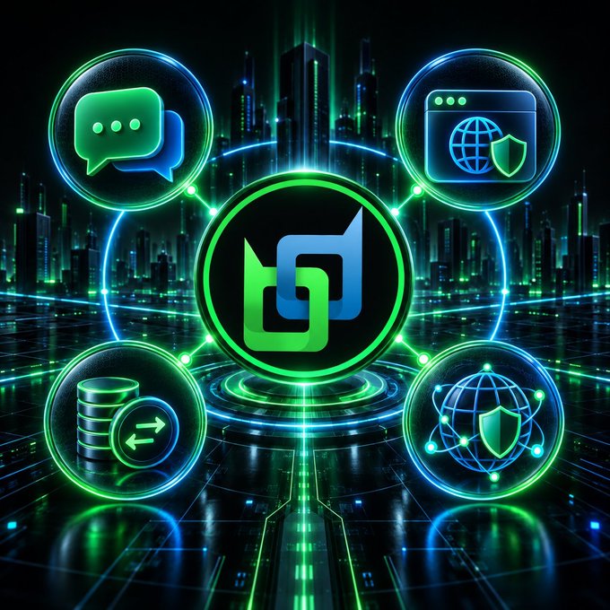 A digital graphic with a neon green and blue futuristic city background shows a central logo connected to four circular icons representing chat, web browser, data, and security.