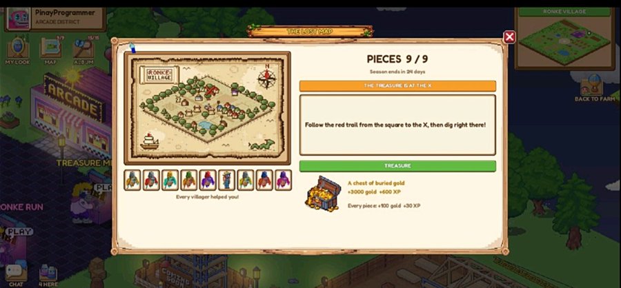 A screenshot from the game "Farmville: Tropic Escape" showing a "Help My Road" event interface with 9 out of 9 pieces collected, instructing the player to "Follow the red trail from the square to the X, then dig right there!" to find a chest of buried gold.