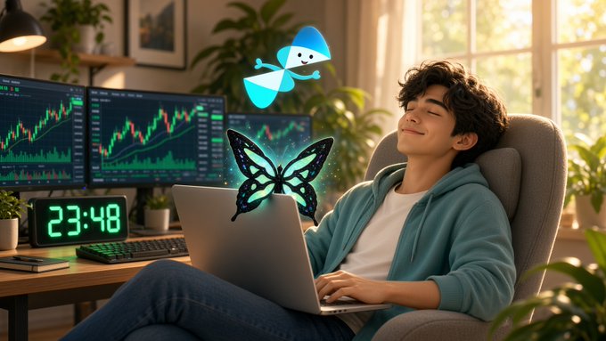 A relaxed young man sits with a laptop at a desk with stock charts on monitors, accompanied by digital overlays of a cartoon baby and a glowing blue butterfly.