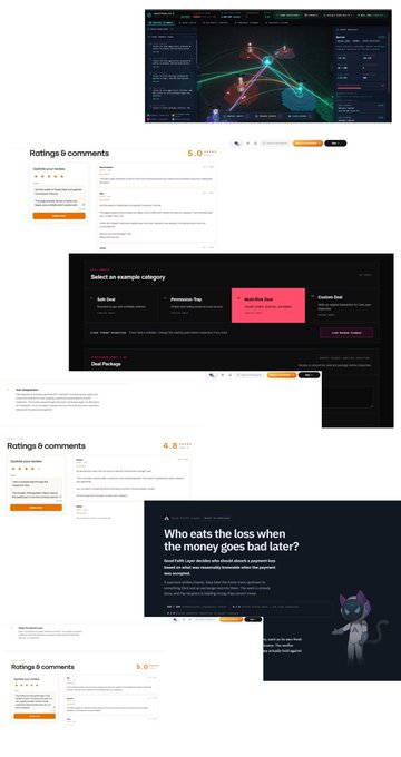 A collage of tech product screenshots and reviews, including a graph visualization interface, 'Ratinge' review platforms with 5.0 and 4.8 ratings, a 'GetTheApp' website template selector, and a blog post titled 'Who eats the loss when the money goes bad later?'.