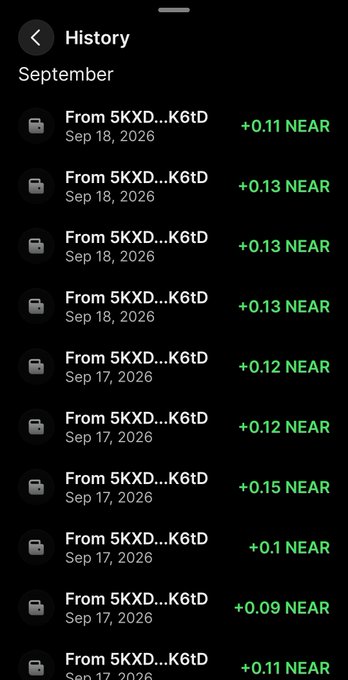 A mobile transaction history screen displays multiple incoming transfers 'From 5KXD...K6tD' dated September 17-18, 2026, with amounts of '+0.09 to +0.15 NEAR'.