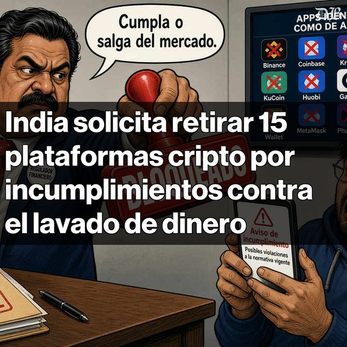 An illustrated graphic in Spanish with text reading 'India solicita retirar 15 plataformas cripto por incumplimientos contra el lavado de dinero', showing a regulator with a stamp and various cryptocurrency app icons like Binance, Coinbase, and KuCoin with X marks.
