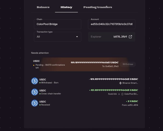 A cryptocurrency transaction history interface on ColorPool Bridge showing pending and completed USDC transactions, including a pending transfer of approximately 49.5 USDC awaiting 86070 confirmations.
