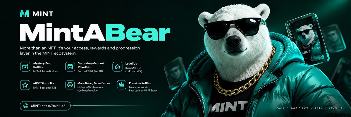 A promotional banner for 'MintABear' NFT on the MINT platform (https://mint.io/), featuring a polar bear in sunglasses and a puffy jacket, with features listed including 'Mystery Box Raffles', 'Secondary-Market Royalties', and 'Level Up'.