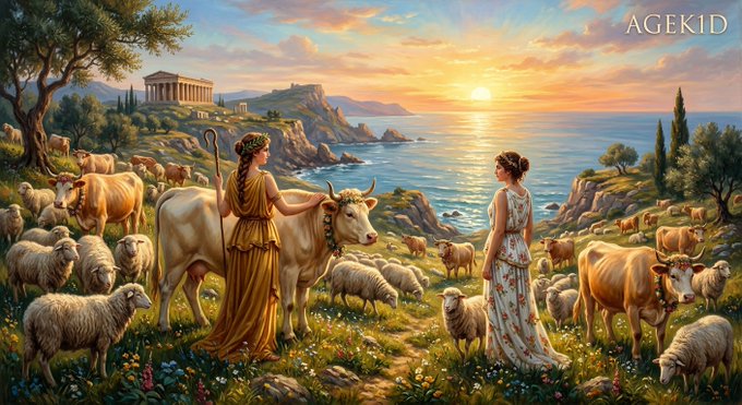 A pastoral painting in the style of antiquity showing a woman in a yellow tunic with a staff tending to cattle, and another woman in a floral dress, surrounded by sheep on a coastal landscape with a Greek temple in the background, watermarked 'AGEKID'.