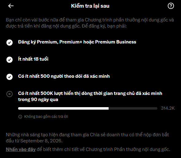 The image shows a Vietnamese-language TikTok "Original Content Reward Program" checklist requiring creators to have at least 500K verified views in the last 90 days, with a progress bar showing only 314.2K achieved so far. This relates to the user's frustration about gaining only 4K more views despite having a video over 100K, highlighting the struggle to meet TikTok's 500K verified view threshold within 90 days for monetization eligibility.