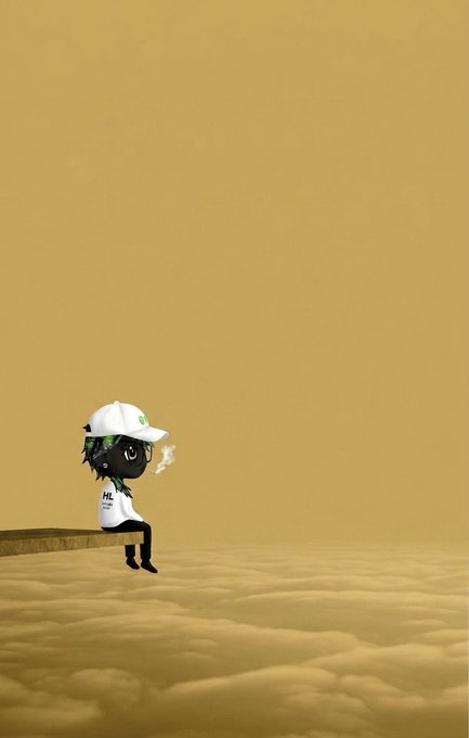 A minimalist digital art illustration of a small cartoon character wearing a white cap and 'HL' shirt, sitting on a ledge against a vast golden-tan sandy desert background.