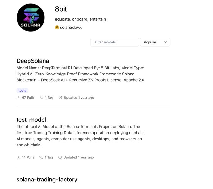 A profile page for '8bit' (solanaclawd) on Ollama listing models like 'DeepSolana' (DeepTerminal R1, 67 pulls) and 'test-model' (Solana Terminals Project, 14 pulls).
