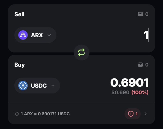 The image features a computer screen with two tabs open, displaying information about a Bitcoin trading platform called "Arx." The first tab, labeled "Sell," is set to sell 1 USDC tokens for $0.68 each, while the second tab, named "Buy," shows that there are 0.6 USDC tokens available for purchase at this price. Additionally, the image provides a text overlay with details about the platform's features and how it works. The post caption reads: "1 
Arx USDC = 0.69/0.7 is possible The tokenomics update is : > Coinlist participants = 100% unlocked > Community = 54.7% unlocked at TGE, then 12-month cliff and 42-month linear vesting (vesting) This community allocation based role in dc criteria and RTG wave 1 or 2 let'