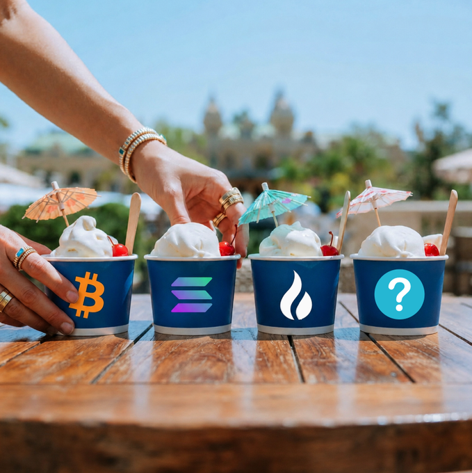 Four cups of ice cream on a wooden table, each labeled with a cryptocurrency logo: Bitcoin, Solana, a flame icon, and a question mark, with hands reaching toward them.