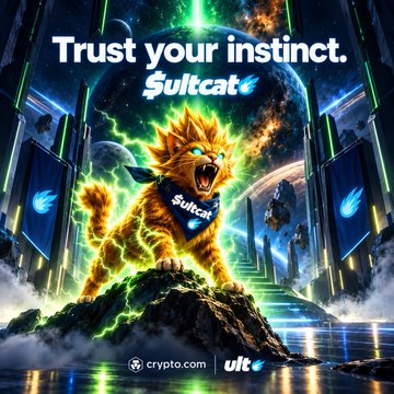 A promotional crypto.com poster featuring a snarling orange cat with lightning effects, bearing the text 'Trust your instinct. Suitcat' and 'crypto.com | ult'.