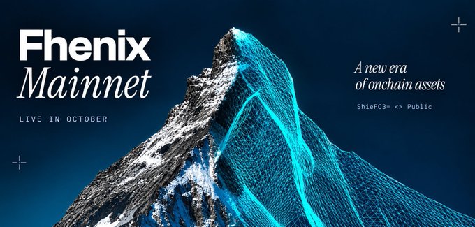 A promotional banner for 'Fhenix Mainnet' announcing it will be 'Live in October' with the tagline 'A new era of onchain assets' and 'ShieFC3 => Public' displayed over an image of a mountain with a glowing cyan wireframe overlay.