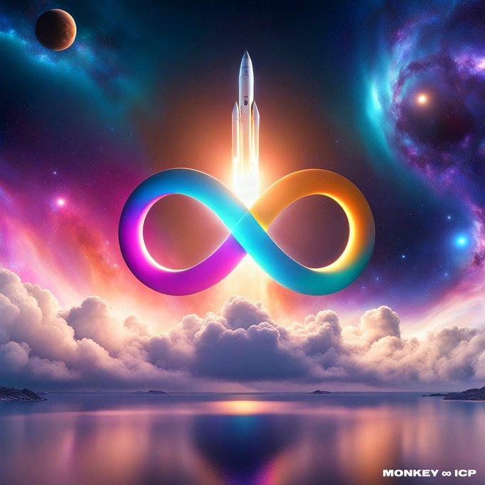 Vibrant digital artwork showing a rocket launching above clouds, with a colorful infinity symbol in the foreground and a moon and nebula in the starry sky, branded 'MONKEY ∞ ICP.'