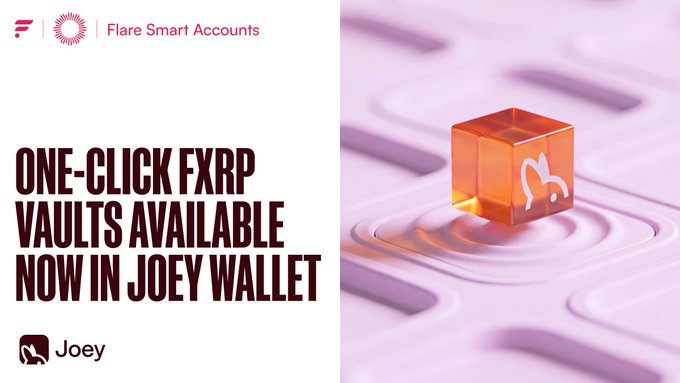 A promotional banner announcing 'ONE-CLICK FXR P VAULTS AVAILABLE NOW IN JOEY WALLET' for Flare Smart Accounts.