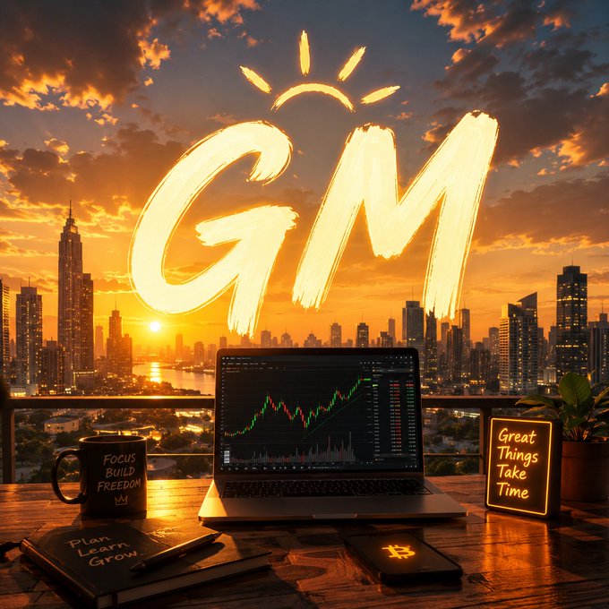 A motivational scene showing a laptop displaying a stock chart on a desk overlooking a city sunset, with the letters 'GM' painted in the sky and various inspirational items like a 'Focus Build Freedom' mug and a 'Great Things Take Time' sign.