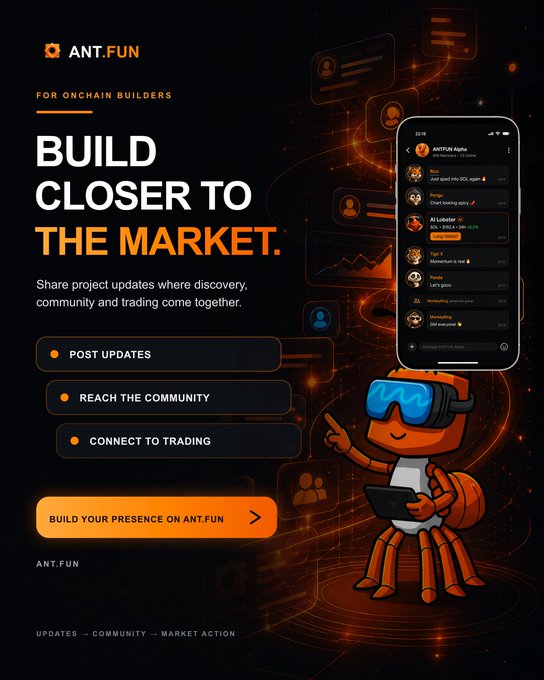 A promotional graphic for ANT.FUN featuring an orange ant mascot wearing VR goggles and holding a tablet, alongside a smartphone display showing community updates and trending tokens. The ad's text, "BUILD CLOSER TO THE MARKET," highlights the platform's goal of merging project updates, community engagement, and trading for onchain builders, matching the post's call for builders to stay visible and connected on ANT.FUN.