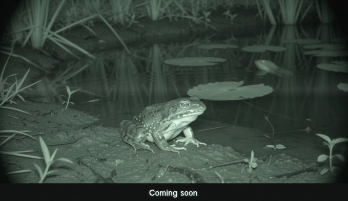 A night vision-style image of a frog sitting by a pond with lily pads, with 'Coming soon' text at the bottom.