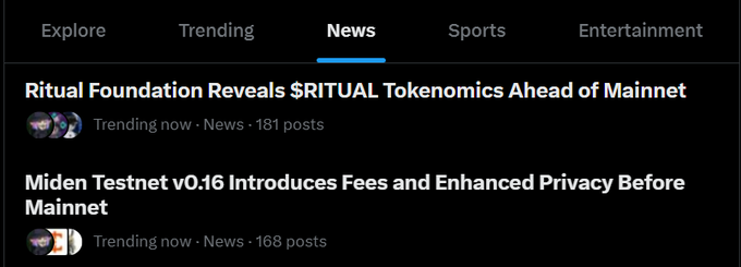 The image shows a social media "News" tab with two trending posts: "Ritual Foundation Reveals $RITUAL Tokenomics Ahead of Mainnet" (181 posts) and "Miden Testnet v0.16 Introduces Fees and Enhanced Privacy Before Mainnet" (168 posts). This visual corresponds to the accompanying caption highlighting trending topics with @ritualnet tokenomics and @0xMiden testnet news.