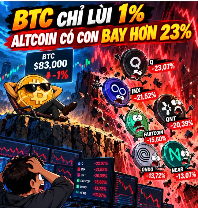 A Vietnamese graphic about crypto markets reads "BTC CHỈ LÙI 1% ALTCOIN CÓ CON BAY HƠN 23%," showing BTC at $83,000 down -1%, alongside falling altcoins including Q -23.07%, INX -21.52%, QNT -20.39%, FARTCOIN -15.60%, ONDO -13.72%, and NEAR -13.07%.