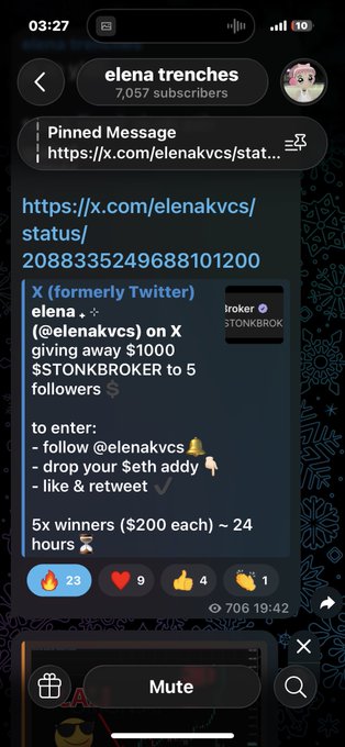 A Telegram channel screenshot for 'elena trenches' (7,057 subscribers) showing a pinned message with a giveaway announcement to win $1000 in $TONKBROKER, listing entry requirements and displaying reaction counts.