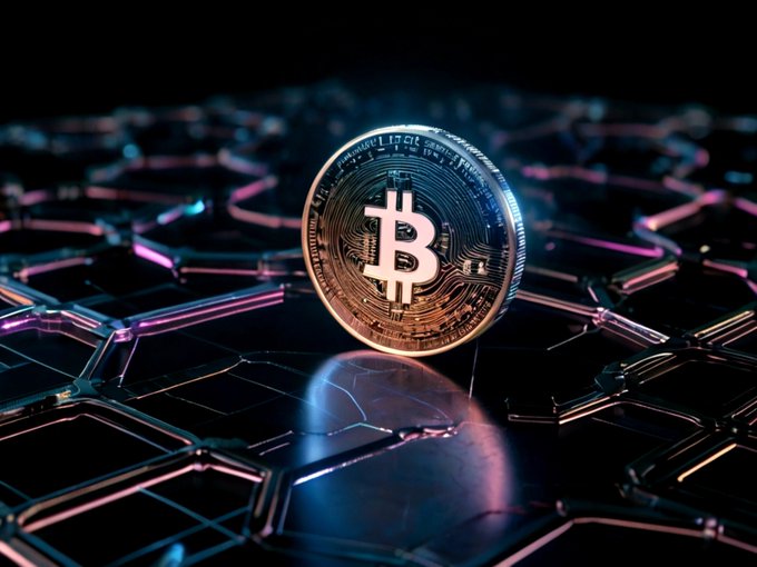 A gleaming golden Bitcoin coin stands prominently on a dark, futuristic hexagonal grid illuminated with pink and blue neon lighting, symbolizing the cryptocurrency's role as a digital store of value. The high-tech aesthetic reinforces the FOX Business narrative of Bitcoin serving as a modern hedge against a weakening US dollar.