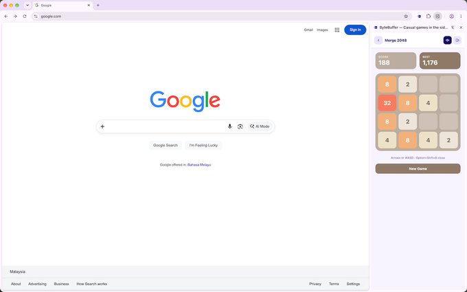 A screenshot of the Google homepage (google.com) in a browser, with a 2048 puzzle game sidebar open showing a score of 1,176 and best score of 156.