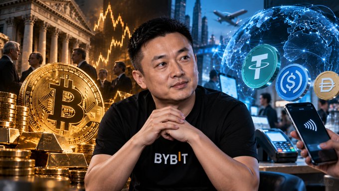 A man wearing a black 'BYBIT' t-shirt stands in front of a composite backdrop featuring Bitcoin, gold bars, stock charts, and cryptocurrency logos including Tether (₮) and USD Coin ($), with a smartphone showing a payment interface and a stock exchange building visible.