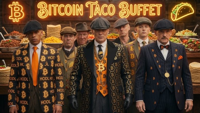 A group of men in suits featuring Bitcoin logos and "HODL" patterns stand in front of a neon "Bitcoin Taco Buffet" sign, styled like a "Peaky Blinders" lineup. The image ties to the post's reference to "BIP 110" and rival Bitcoin factions, visually representing the "Taco Carnivore Bitcoin Plebs" faction ready to take on the opposition.