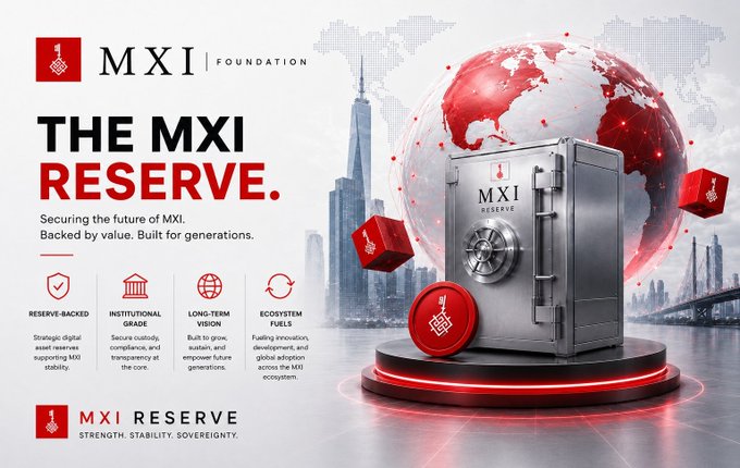 The image features a silver safe with a red globe on top of it, surrounded by various other objects such as buildings and coins. The text "MXI" appears multiple times throughout the scene, suggesting that this could be an advertisement or promotional material for MXI Foundation's Reserve program. The phrase "Securing the future of M&A backed by MXI" is also present in the image. The overall layout and design of the image seem to emphasize the concept of securing value through reserves, with a focus on the safe as the central object representing this idea.